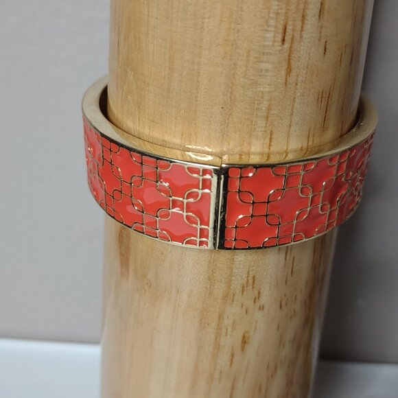 7 Inch Orange And Gold Tone Hinged Bangle - Picture 2 of 9